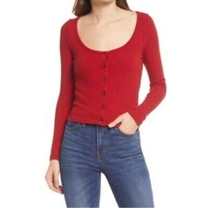 Madewell Ribbed Cardigan Cropped Long-Sleeved Scoop Neck Tee, Scarlet Red, S